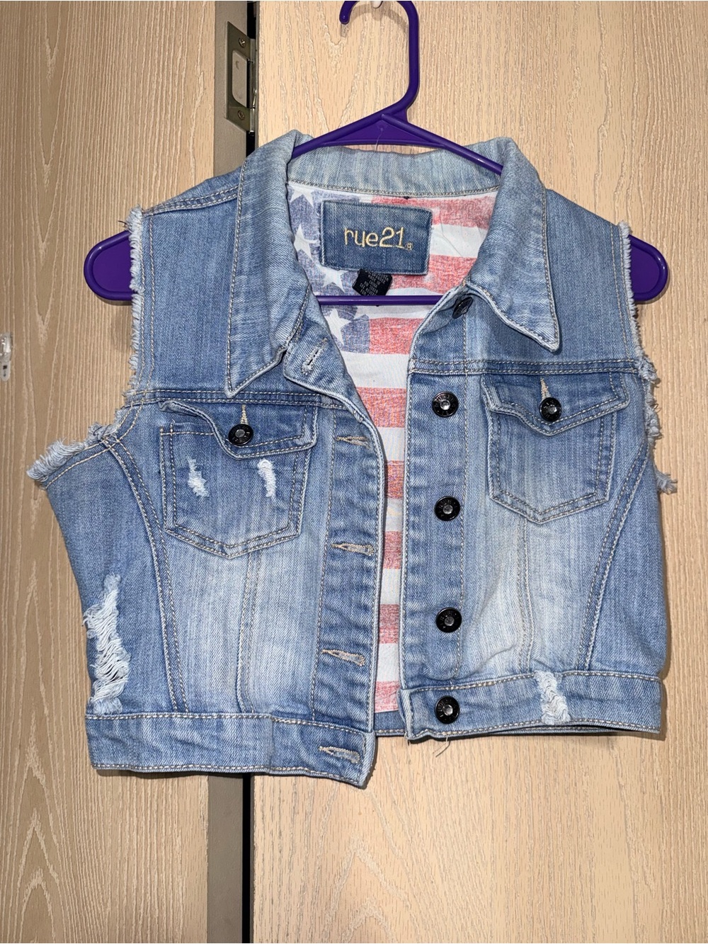 rue21 Light Blue Distressed Denim Crop Vest with Flag Lining